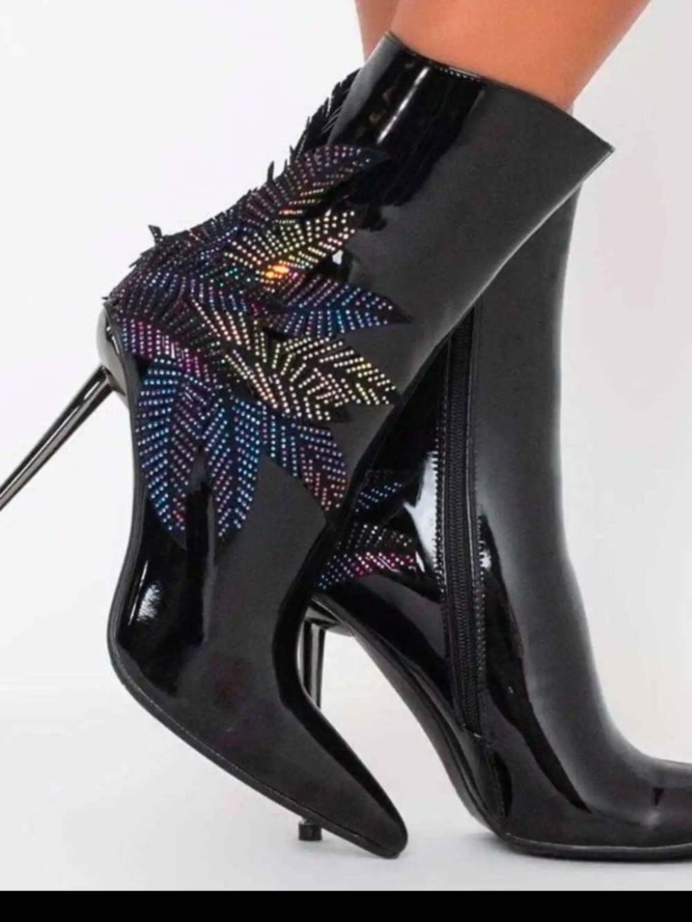 Black Patent Heeled Ankle Boots with Iridescent Leaf Crystal Detail